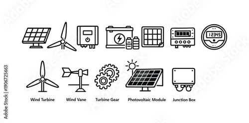 Collection of renewable energy icons including solar panels, wind turbines, batteries, and meters