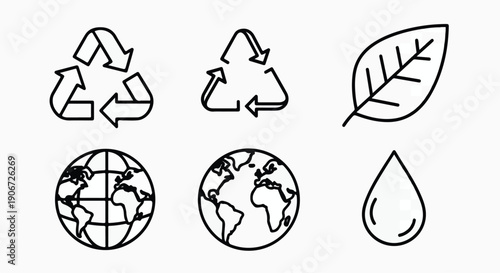 Line art icons representing environmental conservation, including recycling symbols, earth globes, a leaf, and a water drop.