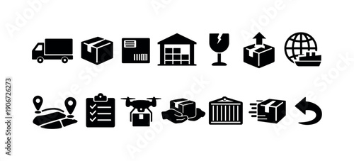 Logistics and delivery icon set with shipping, packaging, drone, warehouse and tracking symbols
