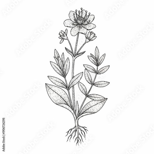 Black and white illustration of a flowering plant with roots and leaves.