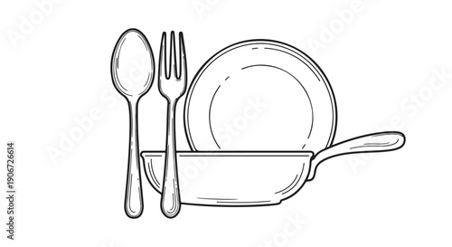 Black and white line drawing of kitchen utensils including a spoon, fork, plate, and frying pan.