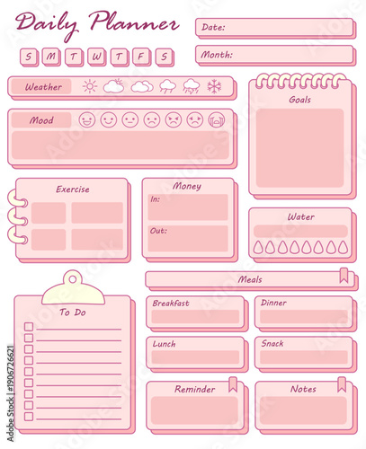 Cute Pink Daily Planner Template with Mood, Meal, and Habit Tracker 
