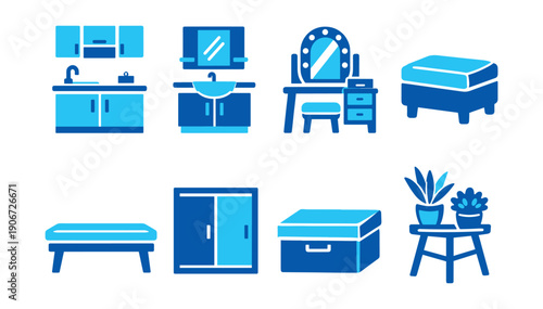 Home furniture and fixtures blue icons set