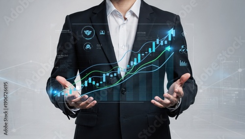 Businessman Presenting Digital Stock Market Trends and Growth Data
