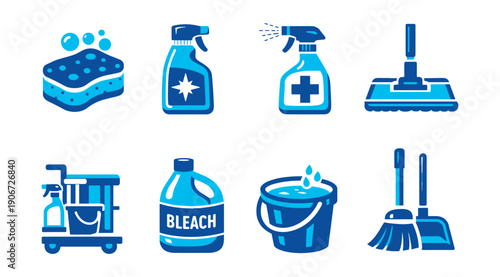 Cleaning supplies blue icons set