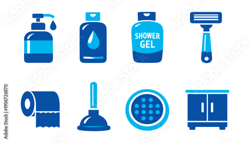 Bathroom blue icon set