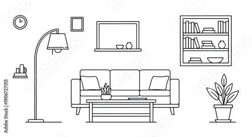Line art illustration of a modern living room interior with sofa, coffee table, lamp, bookshelf, and plant.