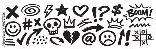 Large collection of expressive hand-drawn doodle symbols with bold brush strokes and playful graphic elements.