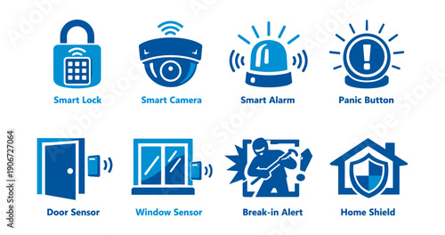 Home security systems blue icons set