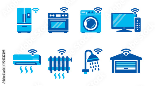 Smart home appliances and systems with Wi-Fi connectivity icons set