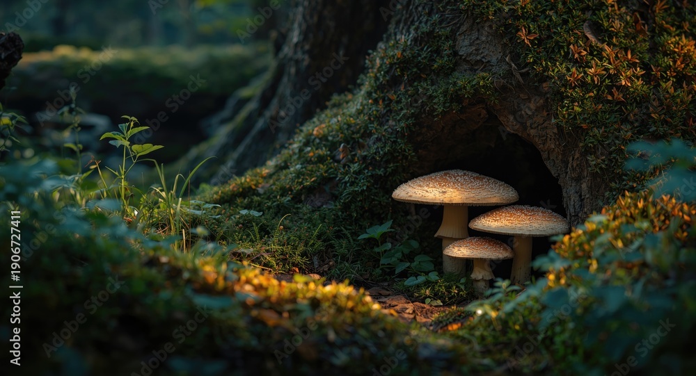 Fototapeta premium idyllic mushroom retreat embraced by flourishing woodland plants