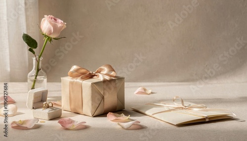 Elegant Gift Box with Rose and Jewelry on Soft Neutral Background