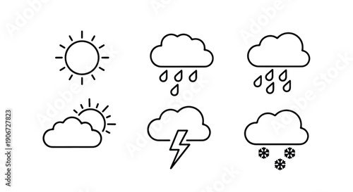 A set of six outline weather icons depicting various atmospheric conditions like sun, rain, clouds, lightning, and snow for forecast applications.