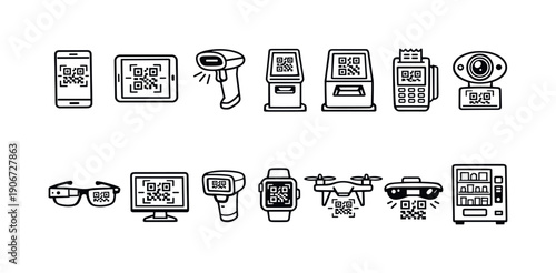 Collection of modern technology devices featuring QR codes for scanning and data capture