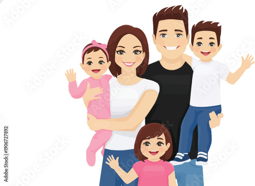Vibrant illustration of a loving modern family of five, parents holding a baby, with two children beaming, representing happiness and togetherness.