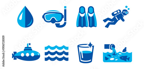 Water Activities and Elements Blue Icons Set