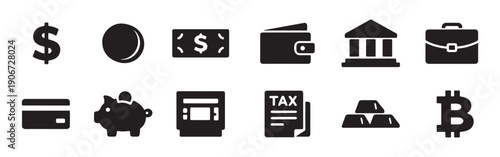 Professional set of minimalist money and banking icons featuring currency symbols, gold bars, tax forms, and a piggy bank.