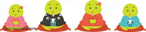 Four cute characters in traditional Japanese kimonos sitting on cushions, representing culture and celebration, whimsical illustration.
