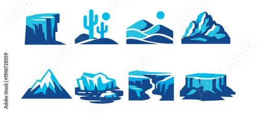 Landscapes blue and white minimalist icons set