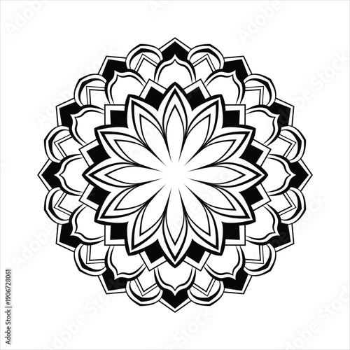 Intricate circular mandala design with bold black fills and delicate floral petals. Symmetrical geometric ornament perfect for meditation or decor.