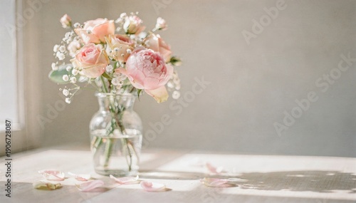 Elegant bouquet of soft pink roses in a clear glass vase