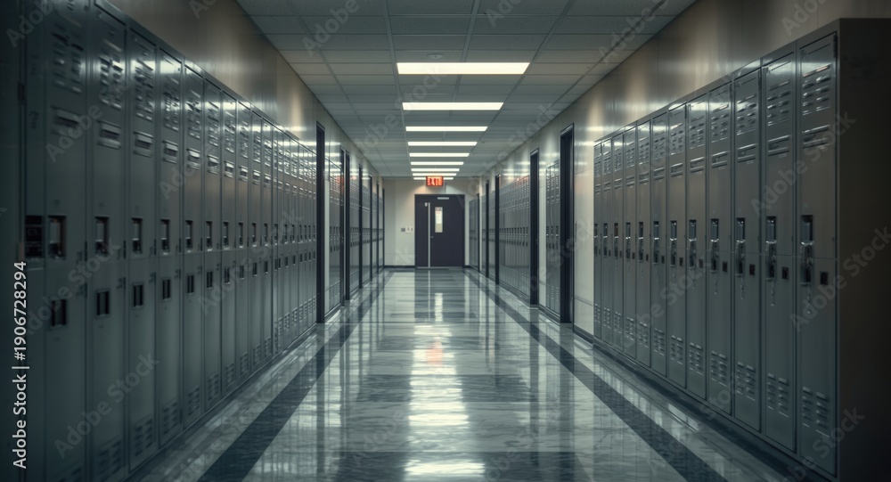 Fototapeta premium Contemporary academic hallway with neatly arranged personal lockers and exits