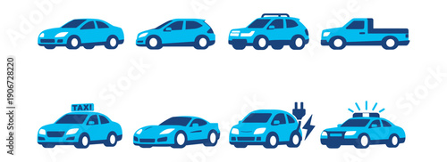 Vehicle icons set in shades of blue