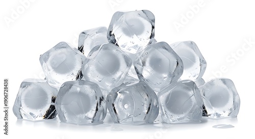 A collection of clear ice cubes piled together on a white background
