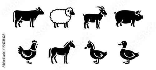 Farm animals black silhouette icons set