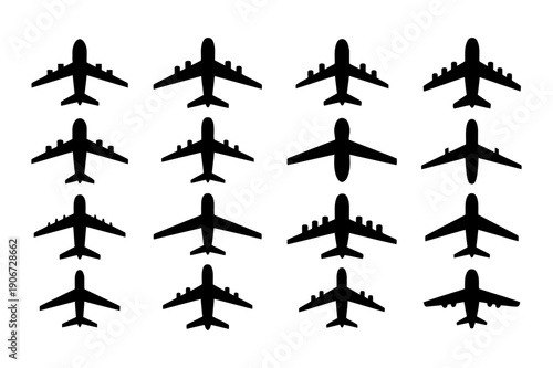 Airplane Silhouette Vector Icon Set. Commercial Passenger Aircraft, Jet Plane and Aviation Symbols for Travel, Transport, Airline, and More. Vector Illustration. Editable Stroke.