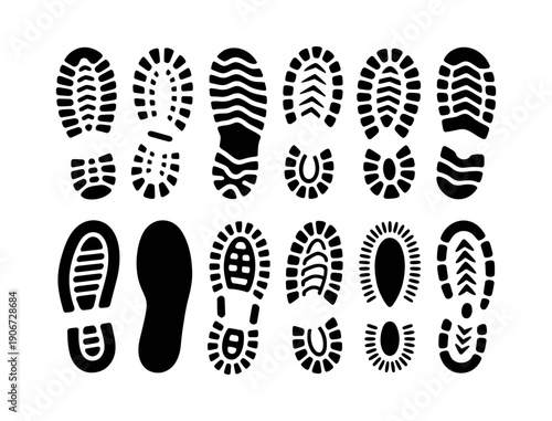 Shoe Sole Footprint Vector Icon Set. Boot, Sneaker and Shoe Tread Sole Imprints for Footwear, Fashion, Trail, Hiking, and More. Vector Illustration. Editable Stroke.