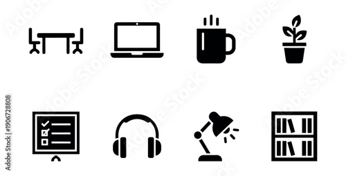Office and workspace monochromatic icons set
