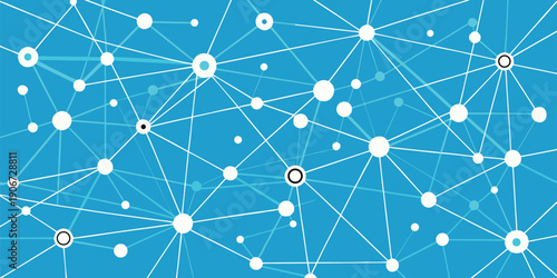 An intricate web of interconnected white and blue dots forms a complex network on a vibrant blue background, representing global communication.
