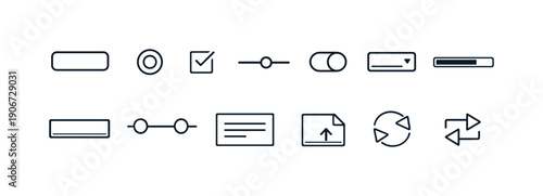Collection of simple line icons representing UI elements and actions for digital interfaces