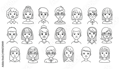 Black And White Line Drawings Of Diverse Human Faces With Various Hairstyles And Expressions