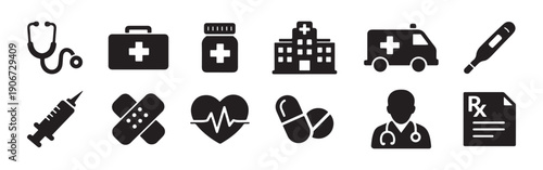 A comprehensive set of flat black medical and healthcare icons, featuring a stethoscope, hospital, ambulance, doctor, and more for professional use.