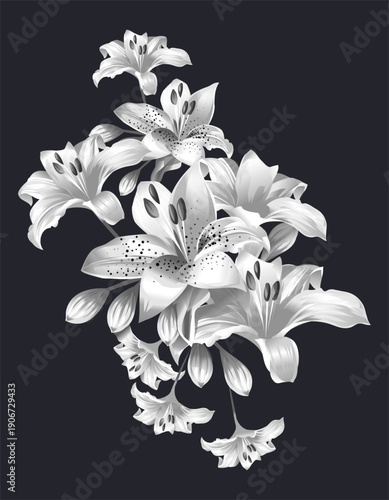 Dramatic Monochrome Lily Bouquet with Silk Texture and Elegant Gradients on Dark Background