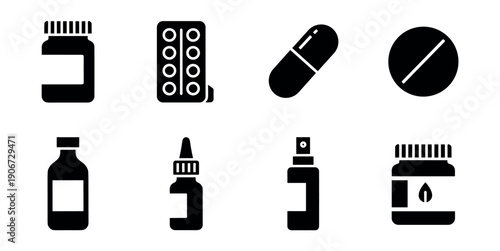 Medication and Drug Delivery Monochrome Icons Set