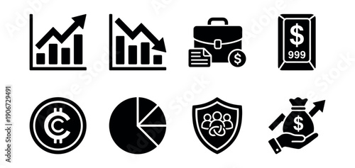 Financial and business black and white icons set