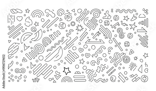 Scattered Hand Drawn Doodle Icons in Black and White Line Art