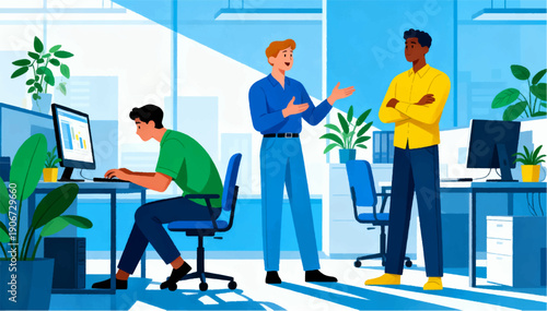 A flat-style vector illustration featuring dynamic characters successfully completing their work in an office environment.
