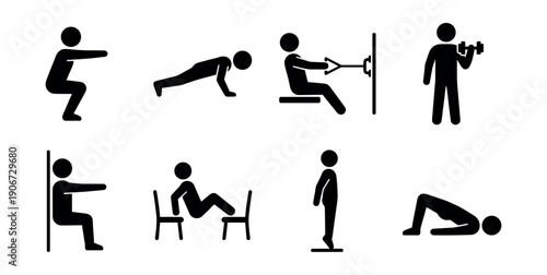Fitness and exercise stick figure icons set