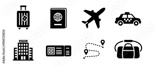 Travel black line icons set