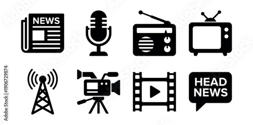 Media and Broadcasting Black Icons Set