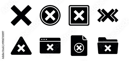 Black X icons set in various shapes and contexts
