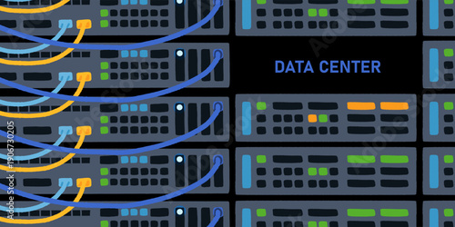 Data center server infrastructure with cooling system network cables and cloud storage technology vector illustration set isolated on black background