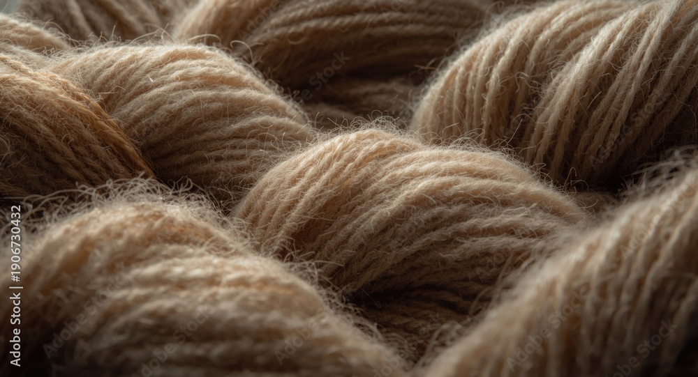 Obraz premium Close-up image highlighting the texture of smoky beige merino wool yarn for blankets