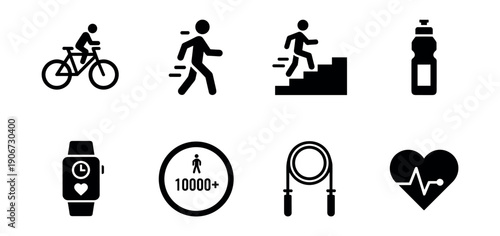 Fitness and health bold line icons set