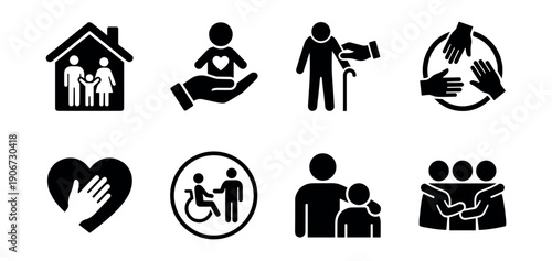 Caregiving and Support Black and White Icons Set