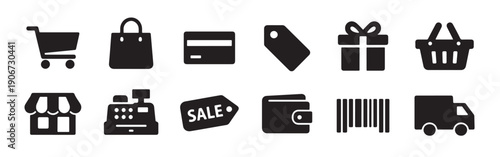 Set of 12 minimalist shopping and e-commerce icons including cart, bag, credit card, gift, and delivery truck. Perfect for retail apps and websites.